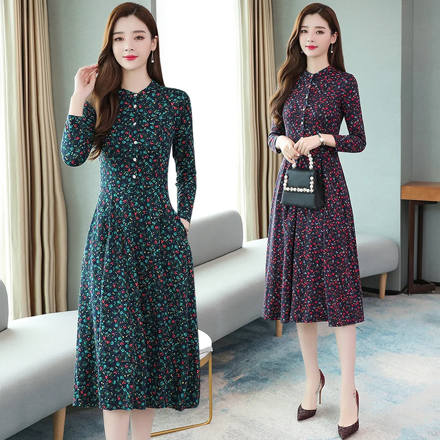 

2019 Vintage Female Floral Midi Dresses Autumn Winter New 4XL Plus Size Print Long Sleeve Maxi Dress Elegant Women Party Vestido
