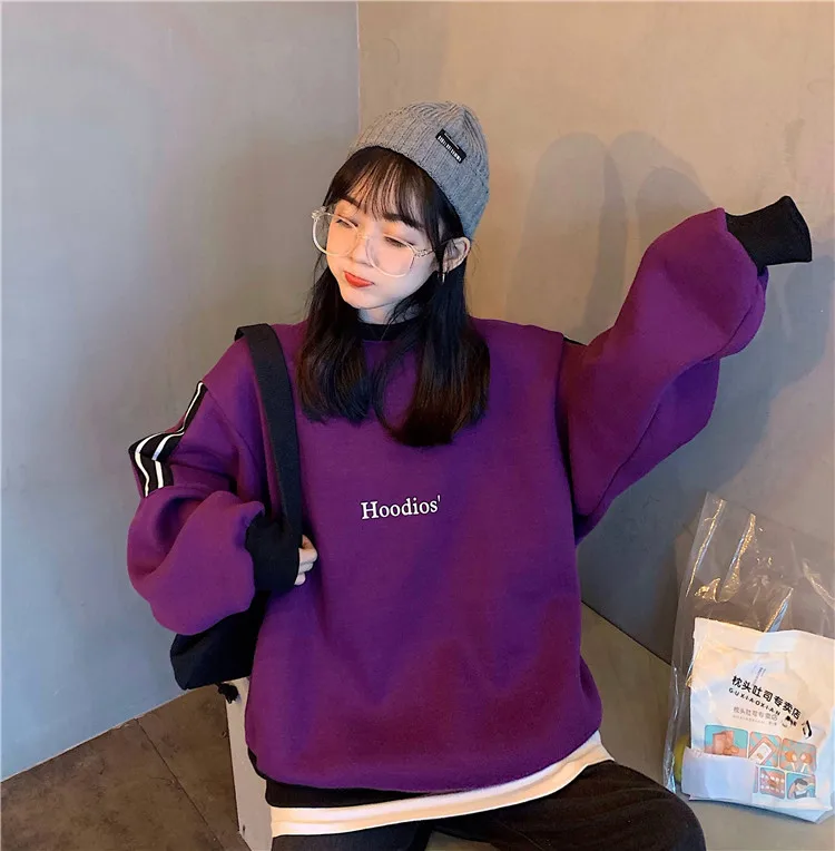 

2019 winter new Korean version of the loose sweatshirt female letter head plus velvet wild casual long sleeves