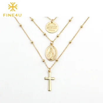 FINE4U N269 Multi-Layer Cross Virgin Mary Pendant Necklaces Stainless Steel Beads Necklace Crucifix Rosary Jewelry