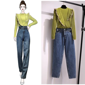 

Design Falbala Splicing Knit Sweater High Waist Jeans Loose Torre Harlan Straight Denim Trousers Pants Women 2 Pcs Clothing Set
