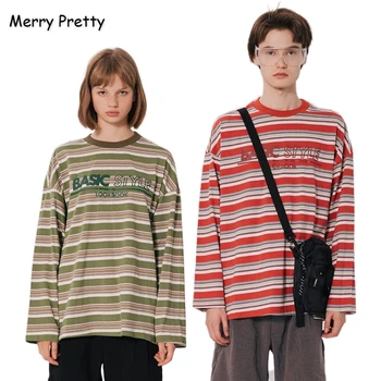 

Women's Striped T Shirts Letter Print Cotton Long Sleeve Casual T Shirt 2020 Spring New Men's Basic Loose Tops Tee MERRY PRETTY