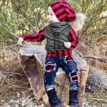 Детская зимняя одежда для маленьких мальчиков и девочек одежда для малышей клетчатый свитер с длинными рукавами и стоячим воротником для малышей+ модные джинсовые комплекты