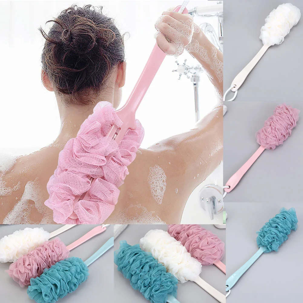 

Shower Mesh Bath Ball With Long Handle Back-Rubbing Brush Bathing Tool Soft Delicate Skin Cleaning Brush Practical Body Scrub