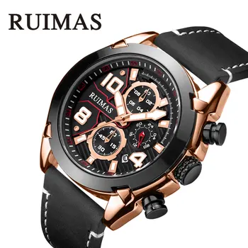 

Stainless Steel Sport Watch for Mens Leather Strap 3 Eyes Military Gold Wristwatch Quality A Quartz Waterproof Clock Male Dress