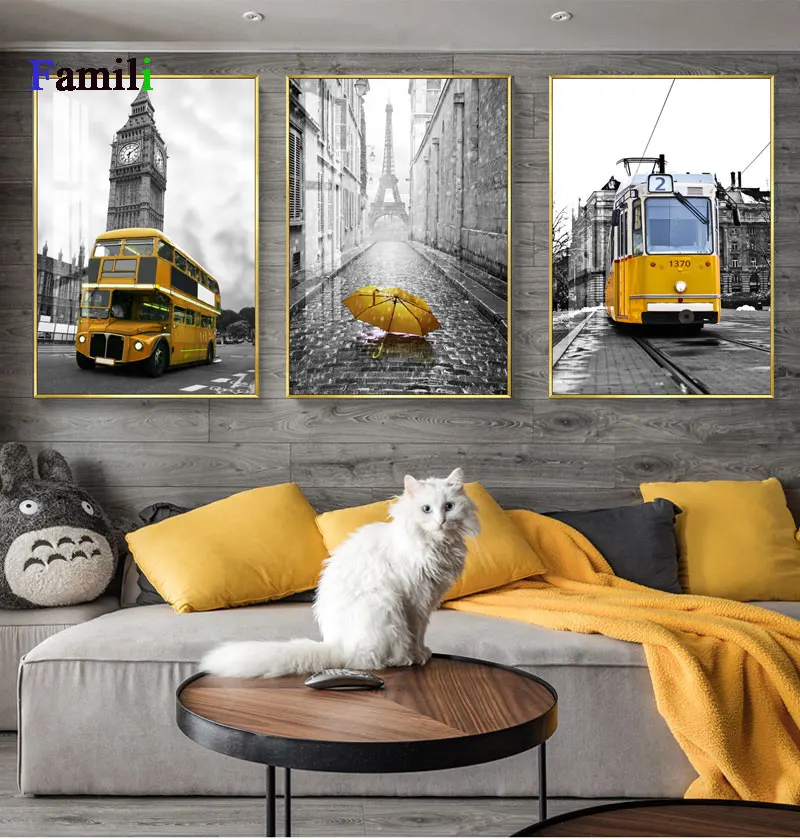 Nordic Posters and Prints Yellow Telephone Booth Bus Black White Wall Art London Pairs Wall Pictures for Living Room Decoration