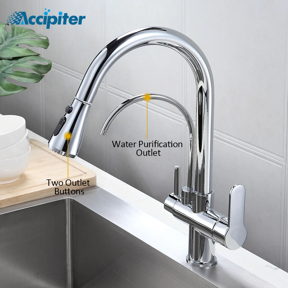 Chrome Filter For Kitchen Faucets Pull-Out 360 Degree Rotating 3 Ways Tap Hot Cold Water Mixer Brass Tap Filter Water Faucet