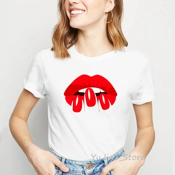

Sexy red lip printed funny tshirt femme summer top female white t-shirt hipster graphic tees women 90s grunge aesthetic clothes