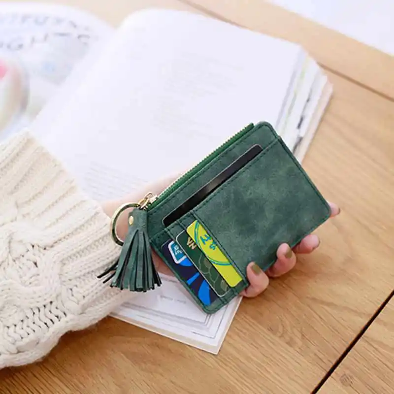 JHD-тонкий женский кошелек короткая сумка маленькие держатели для кредитных карт из искусственной кожи тонкий кисточкой Кошелек на молнии