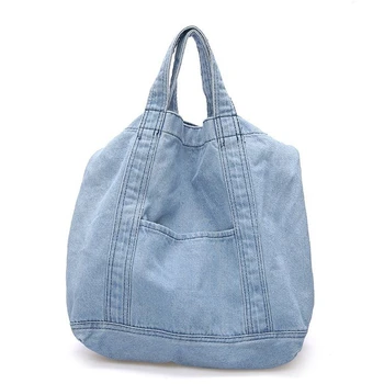 

Denim Slouch Bag Casual Jean Fabric Handbag Leisure Korean Style Fashion Japanese Fashion Messenger Top-Handle Bag, Sky Blue