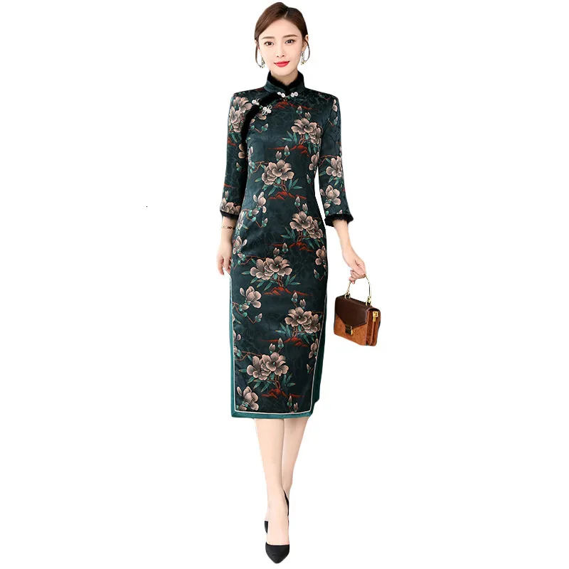 Винтажное хлопковое теплое китайское женское жаккардовое платье cheongsam Осень и зима Новинка