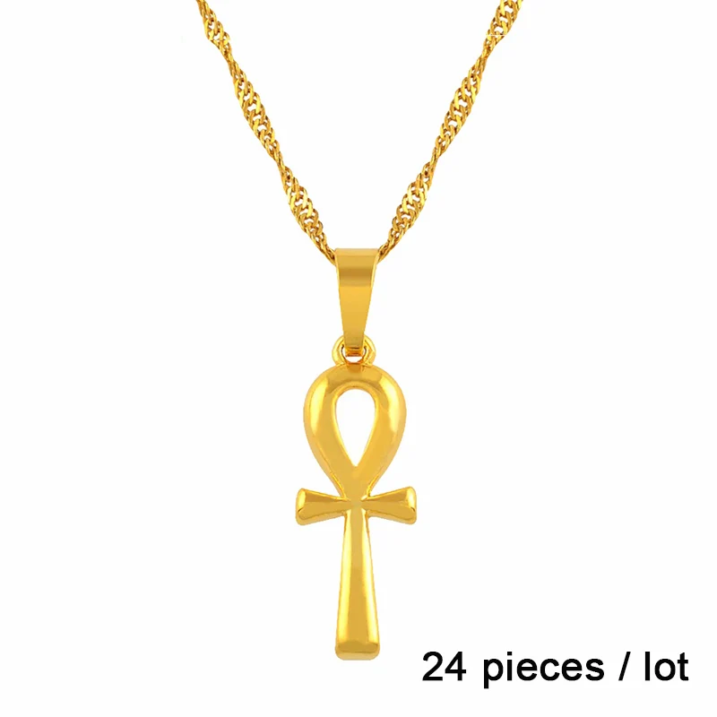 Anniyo 24pcs / Wholesale Ankh Pendant Necklace Gold Color Egyptian Cross Jewelry Women Egypt Hieroglyphs,African symbols #203306