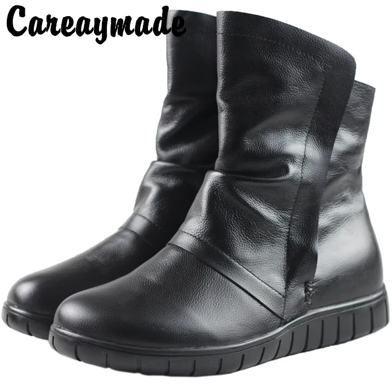

Careaymade-Top layer cowhide round head RETRO art short boots women's winter Plush crease inside increase casual women's Boots