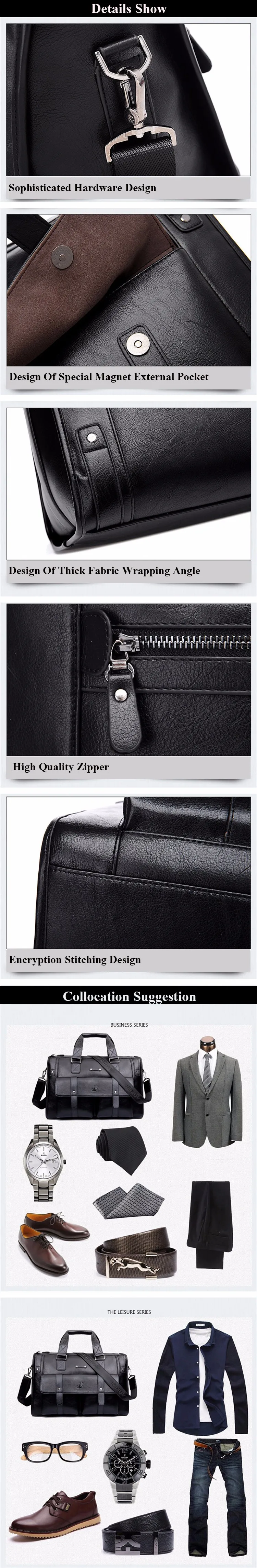 Weysfor Men PU Leather Black Briefcase Business Handbag Messenger Bags Male Vintage Shoulder Bag Men's Large Laptop Travel Bags