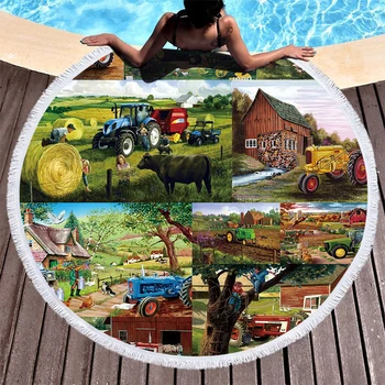 

Farm Tractor Scene Beach Towels Retro Style Shawl Fringe Microfiber Round Fabric Bath Towels For Living Room Home Decor