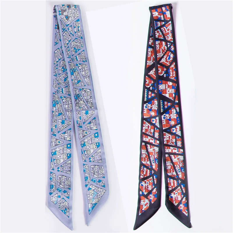 Designer Long Strip Silk Scarf Women City Twill Print Bandana Narrow Small Tie Wrap Ribbon Ladies Fashion Headband Neck Scarf C6