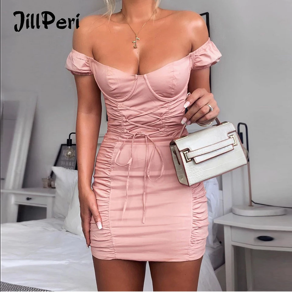 

JillPeri Women Slash Neck Off the Shoulder Mini Dress Sexy Front Strappy Tie Solid Outfit Elegant Celebrity Sheath Party Dress