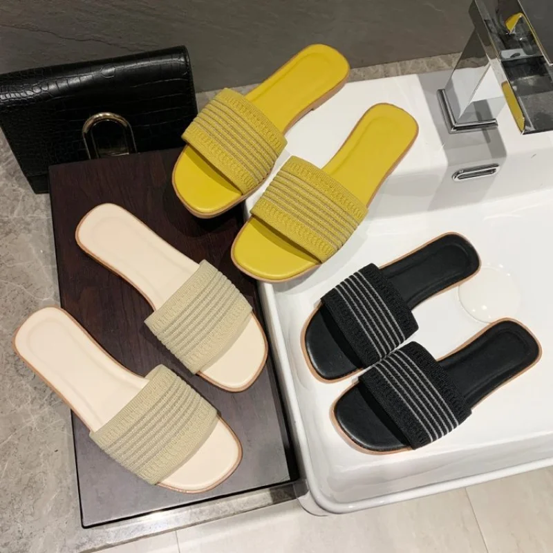 

Женские новые тапочки, сандалии и тапочки на плоской подошве, летние модные тапочки, вязаные шлепанцы на плоской подошве для студентов