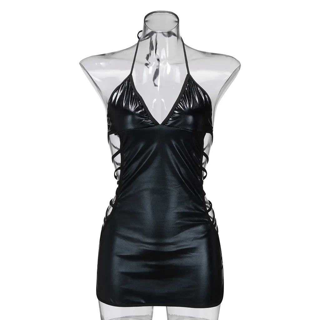 Кожаное экзотическое женское платье с вырезом на шее, облегающее Клубное платье, нижнее белье, женское сексуальное Клубное платье