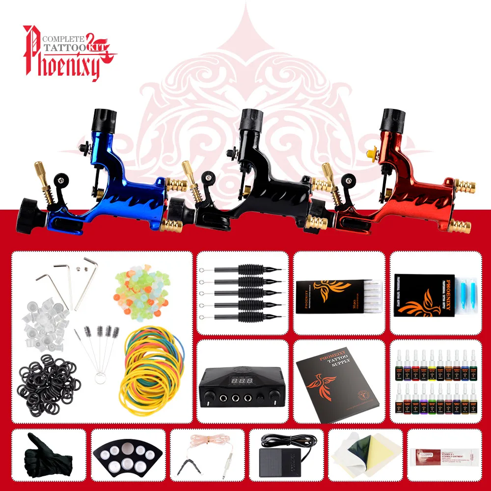 

Professional Tattoo Kits 3 Rotary Machines Tattoo Power Supply And Accessories Complete Supply Permanent Body Art Tattoo Set