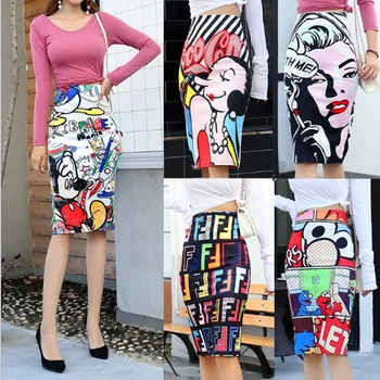 

Hot Sexy Women Package Hip Skirt Fashion Digital Printed Sheath Midi Pencil Skirt Elegant Office Lady Jupe Summer Femme Big Size