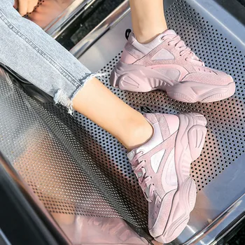 

Women's Chunky Sneakers 2019 Fashion Women Platform Shoes Lace Up Pink Vulcanize Shoes Womens Female Trainers Shoes N9-08