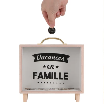 

Money Box Coin Cash Bank Container Home Transparent Vintage Wooden Piggy Bank Stand Letter Desktop Decorations Storage Organize