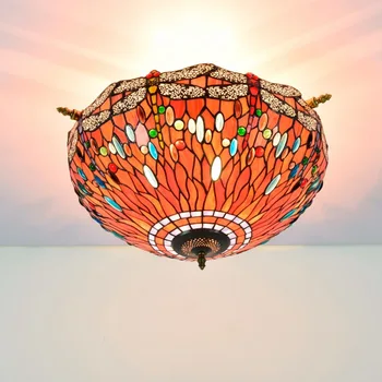 

55cm color glass small living room dining room bar bedroom art RETRO semi ceiling light red dragonfly festive light