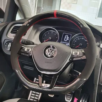 

5D Carbon Fiber&Black Suede Leather Red Thread Steering Wheel Hand Sewing Wrap Cover Fit For Volkswagen Golf 7 Mk7 Passat B8
