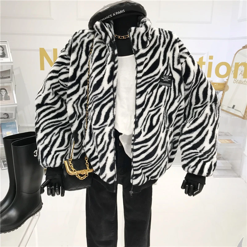 

Zebra Thick Jacket Women 2020 Autumn New Retro Loose Coat Mandarin Collar Faux Leather Faux Fur Winter Fur Coat Women