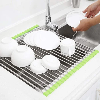 

Dish Drying Rack Stainless Steel Drain Stand Roll Up Kitchen Sink Dish Drying Mat Foldable Drained Plates Mat Kitchen Supplies