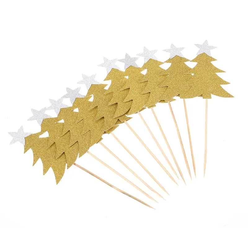 10 PCS Cupcake Topper Decorative Christmas Trees Cupcake Picks Star for Party Decoration(Silver - Цвет: 3