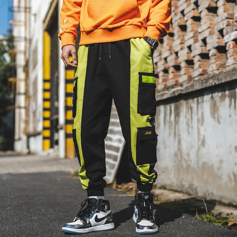Men's Cotton Trousers Hip Hop jogging Autumn Winter Casual Pants Contrast color Big-pocket High quality Fashion Cargo Pants A915 - Цвет: black - A916