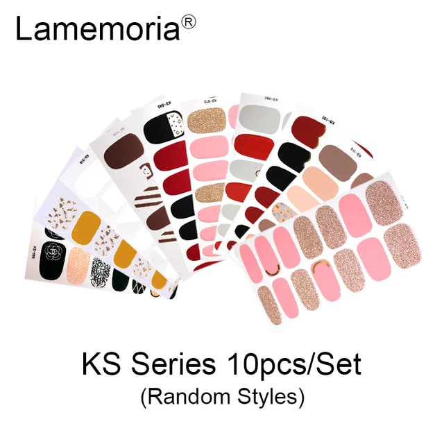 10/20pcs Full Cover Wraps Nail Polish Stickers Strips Plain Nail Art Decorations Stripe Designs Glitter Powder Manicure Tips KS-10pcs random