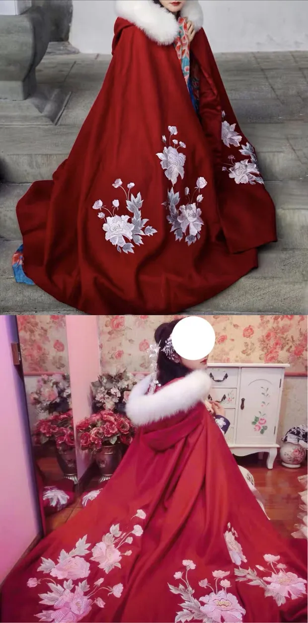 Древний китайский костюм женский Hanfu с капюшоном меховой воротник длинный плащ красный Hanfu плащ Зимний национальный костюм ханьфу наряд платье для выступлений на сцене SL1398