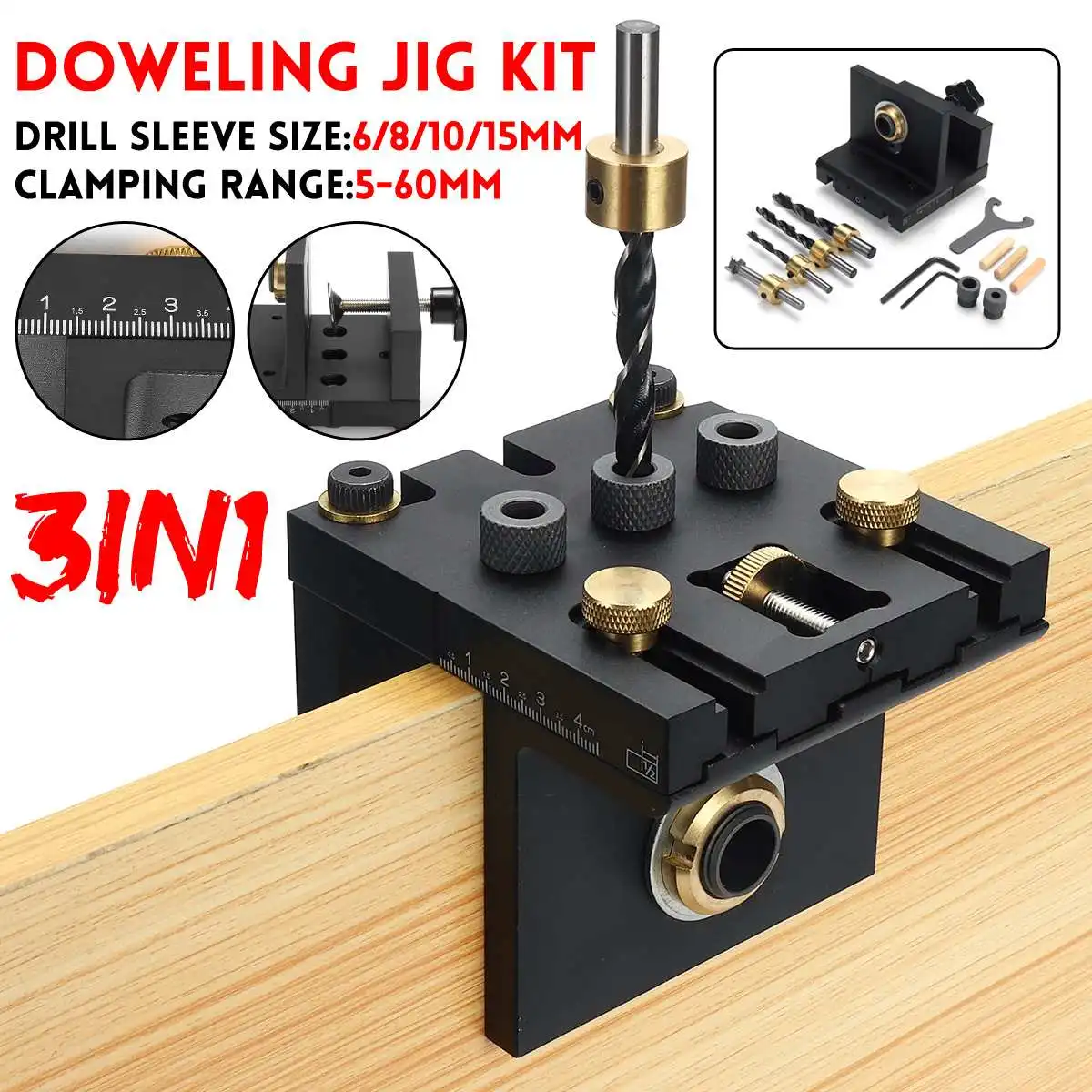3 in 1 Adjustable Doweling Jig Woodworking Pocket Hole Jig With 6/8/10/15mm Drill Bit For Drilling Guide Locator Puncher Tools