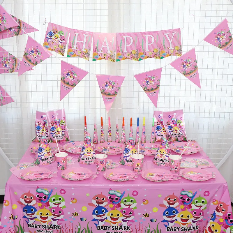 

Pink Cartoon Theme paper Flags Plate Hat Party decoration Baby Happy Birthday wedding event party supplies for kids Gifts