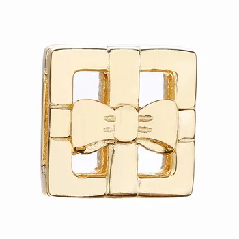 

New 925 Sterling Silver Bead Charm Gold Color Shine Reflexions Gift Box Clip Stopper Lock Beads Fit Pandora Bracelet Diy Jewelry