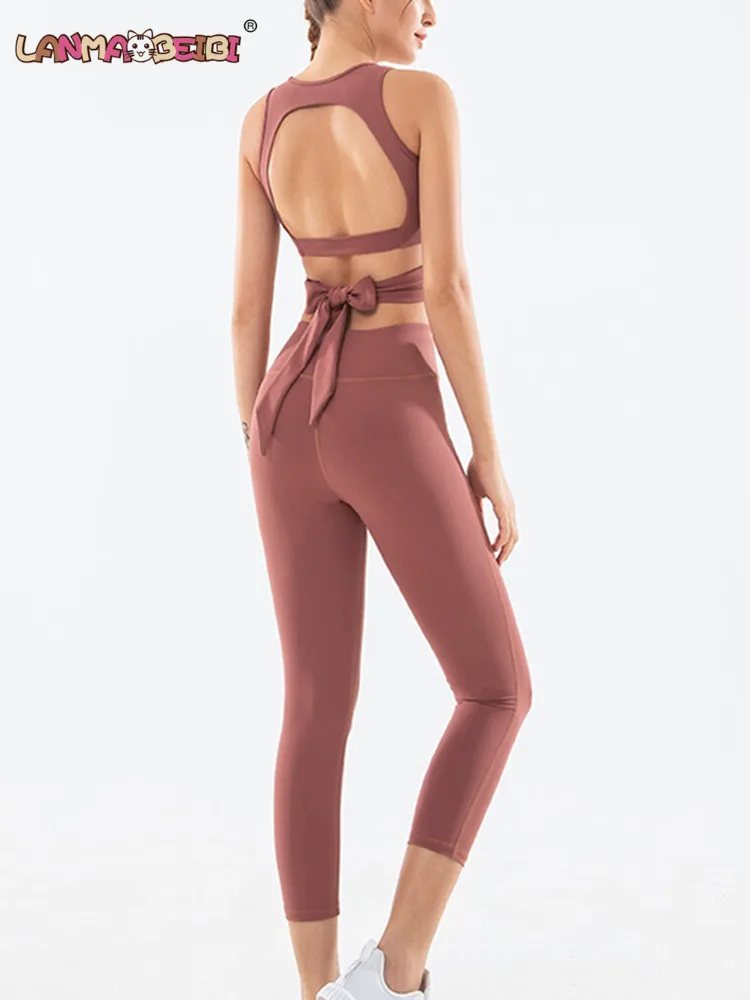 Yoga Sports Bra Pants Set Outfits Women 2 Piece Workout High Waist Athletic Seamless Leggings Gym Clothes Tank TOP | Спорт и