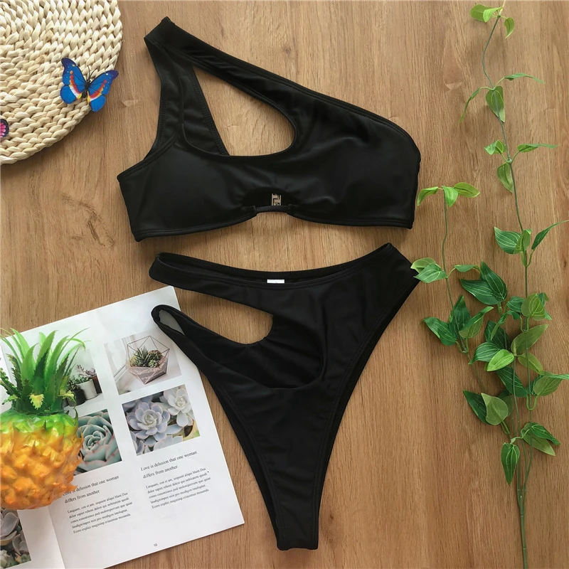 One shoulder bikini set sexy keyhole bikini High cut swimsuit female bathing suit Hollow out swimwear women bathers - Цвет: 08C507 black
