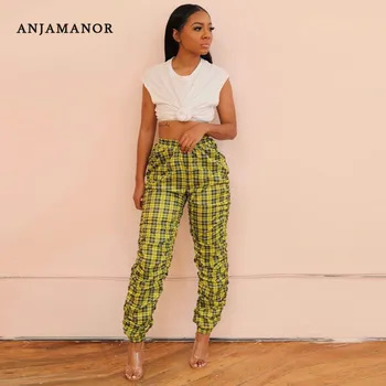 

ANJAMANOR Casual Sexy Crop Top Plaid Stacked Pants Two Piece Set Summer 2 Piece Outfits for Women Fashion Clothes D91-AG86