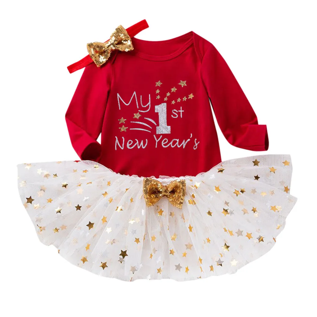 Комплекты одежды из 3 предметов для маленьких девочек Комбинезон с надписью «My First new year Day», юбка-пачка повязка на голову комплекты одежды для новорожденных девочек - Цвет: Red