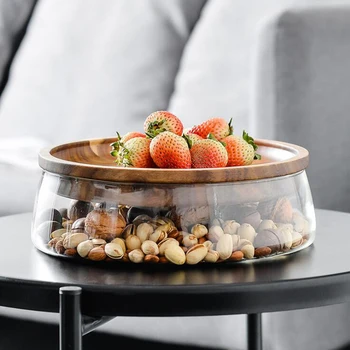 

Glass Fruits Storage Box with Wooden Lid Container Double Layer Candy Storage Box Nuts and Dry Fruits Container Tray Kitchen for