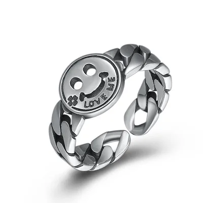 

925 Sterling Silver Smiley Face LOVE ME Opening Ring Fine Jewelry Women Adjustable Ring