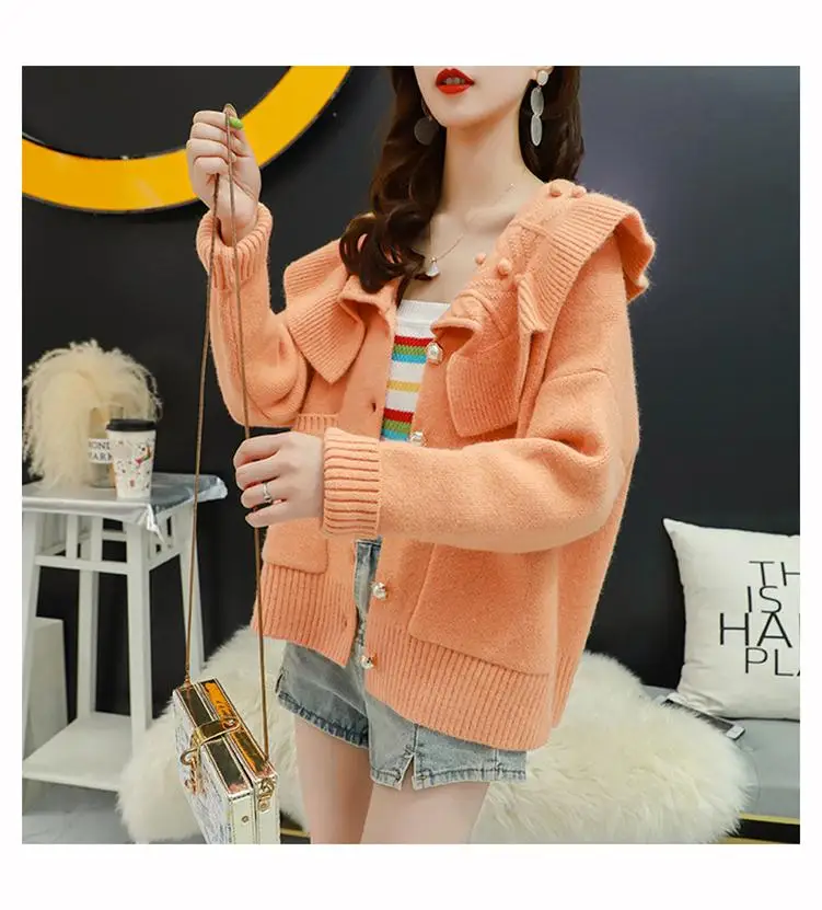 H.SA Women Winter Oversized Sweater Cardigans Big Collar Ruffles Loose Jumpers Green Beige Cardigans Feminino Button Up - Цвет: HF1960 Orange