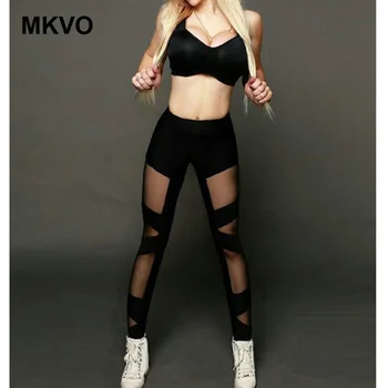 

Women's new mesh stitching crossover sexy perspective high elastic casual fitness pants casual sport leggings fitness feminina