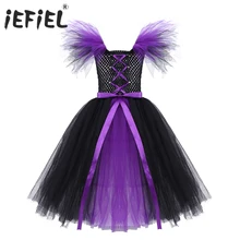 Черный и фиолетовый, страшный костюм ведьмы для девочек Сетчатое платье с бантом для Хэллоуина, карнавальное платье из тюля, нарядное платье
