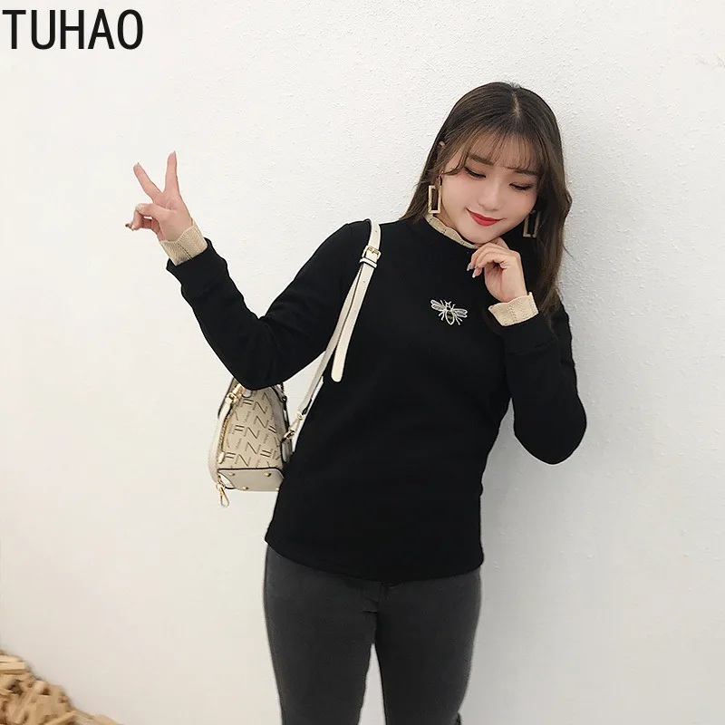 TUHAO, большие размеры 4XL 3XL, женские свободные толстовки с вышивкой пчелы и кружевным воротником, толстовка размера плюс, плотные теплые бархатные толстовки