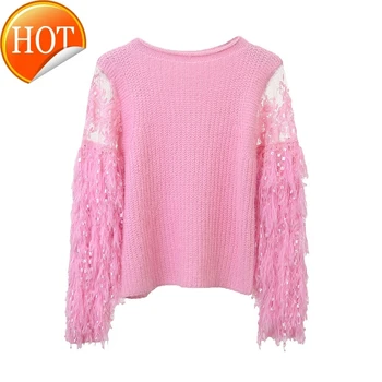 

Tassel Knitted Patchwork Sweater Lace Tide Women Clothes Vintage Match All Fashion Pullover Top Autumn New WLD2320