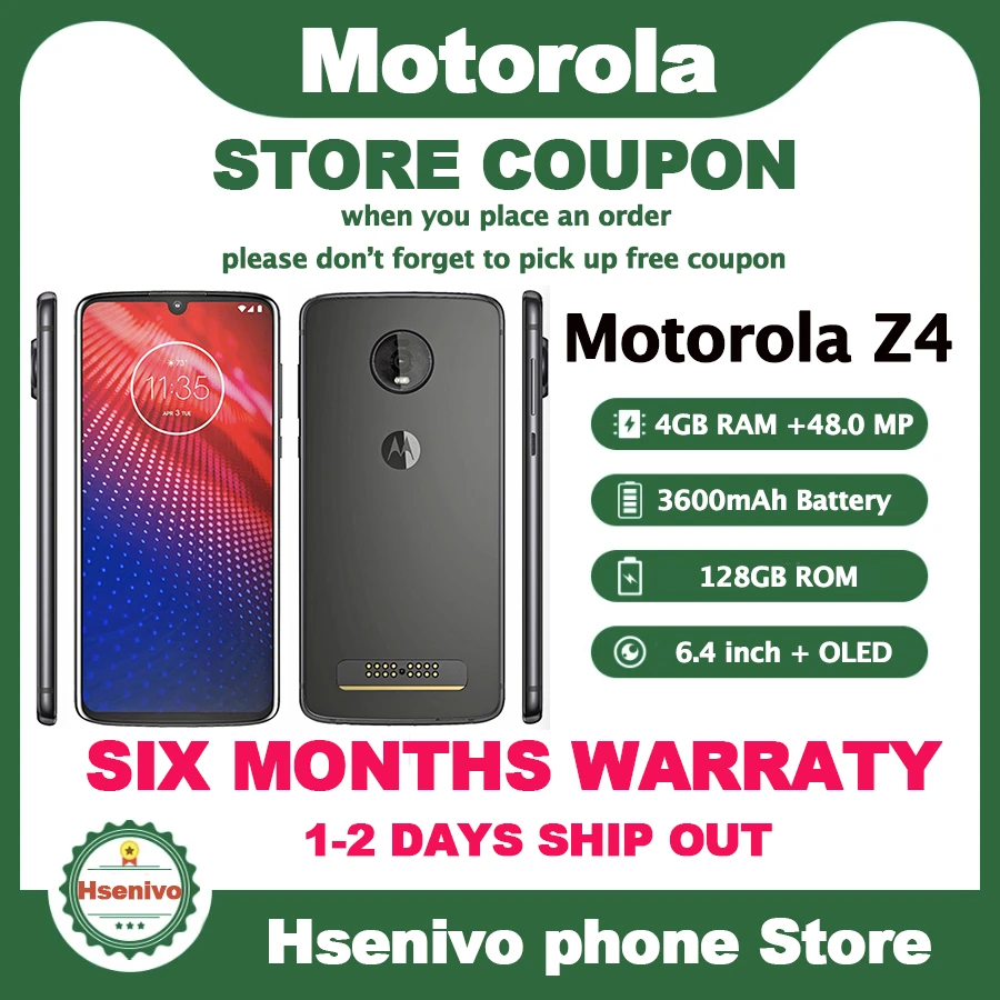 Motorola Moto Z4 XT1980-4 Original Unlocked  Phone 4GB  128GB ROM 6.4'' 48MP Snapdragon 675 4G LTE Cellphone iphone x refurbished