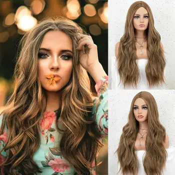 

Brown Wig for Women Natural Looking Long Wavy Brown Synthetic Wig Natural Hairline Middle High temperature Ratio Fiber